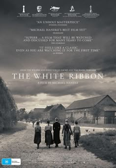 the white ribbon movie poster with four people walking down a dirt road in front of houses