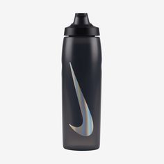 the nike water bottle is black and silver