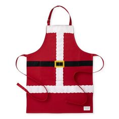 a santa claus apron is shown on a white background with red trimmings and a gold buckle