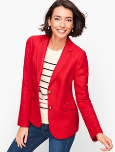 Shop Talbots for modern classic women's styles. You'll be a standout in our Shetland Wool Blazer - Red Pop - only at Talbots! Red Blazer Outfits For Women, Style Red Blazer, Red Blazer Outfit For Work, Blazer Outfits For Women Classy, Red Blazer Outfit, Types Of Blazers, Blazer Pattern, Blazer Outfits For Women, Work Blazer