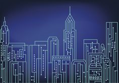 an abstract cityscape with lines in the shape of skyscrapers on a dark blue background