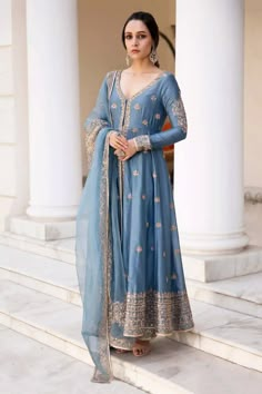 Buy Megha & Jigar Blue Embroidered Chanderi Kurta Set Online | Aza Fashions Blue Jacket Style, Nida Azwer, Anamika Khanna, Blue Kurta, Moonlit Night, Indian Dresses Traditional, Traditional Indian Outfits, Indian Suits, Indian Dress