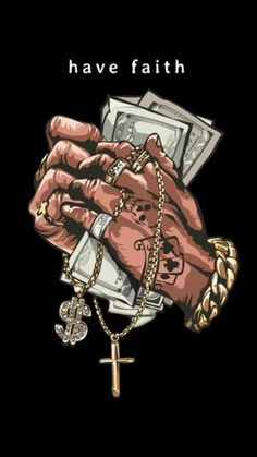 a hand holding money with the words have faith on it and a cross hanging from it