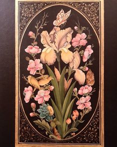 an ornate painting with flowers and birds on it's side, in gold frame