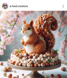 a squirrel figurine sitting on top of a cake covered in nuts and leaves