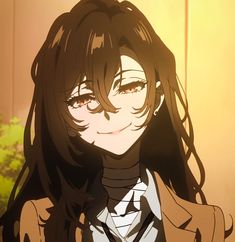 an anime character with long black hair wearing a brown jacket and white shirt is looking at the camera