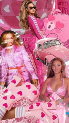 two women in pink outfits are standing next to a car with hearts painted on it