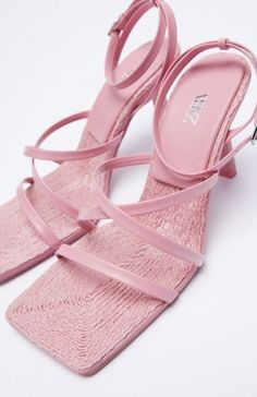 Leather Heeled Sandal, Leather Straps At Upper, Lined Heel, Square Toe, Jute Lined Insole, Buckled Ankle Strap Closure Feather Sandals, Denim Heels, Zara Heels, Strappy High Heels, Leather Heels Sandals, Pointed Heels, Women Pink, Only Shoes, Prom Shoes