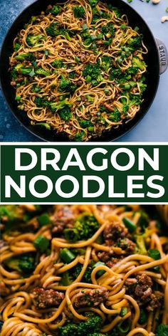 broccoli and noodles in a skillet with the words dragon noodles above it