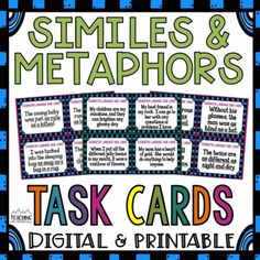 a poster with the words, smiles and metaphors task cards for digital and printable