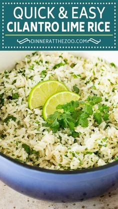 rice with cilantro and lime in a blue bowl