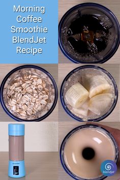 there are four pictures showing how to make coffee smoothie with blender and banana slices