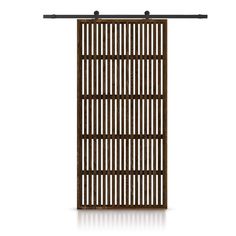 a wooden slatted screen with metal bars on the top and bottom, against a white background