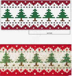 two knitted christmas trees on red and white background