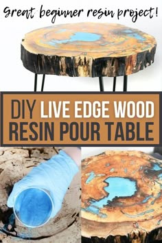 the diy live edge wood resinin pour table is made from an old tree stump