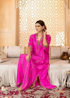 Hot pink pure rawsilk Kaftan all handworked with dabka, resham, zardozi and mirrorwork details (fully worked front and back) Pink Kaftan, Astoria Ny, Fashion Newsletter, Raw Silk, Design Studio, Hot Pink, Pure Products, Pink