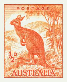 australia postage stamp with an image of a kangaroo on it's back and trees in the background