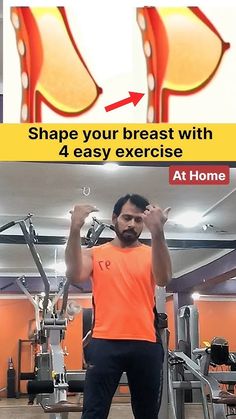 a man standing in front of a gym machine with the text shape your breast with 4 easy exercise at home