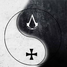 a black and white yin - yang symbol with a cross in the center on a grungy background