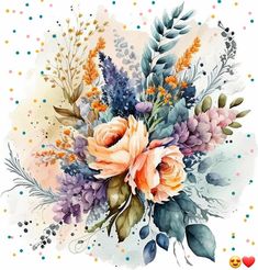 watercolor flowers and leaves on a white background with polka dotes in the foreground