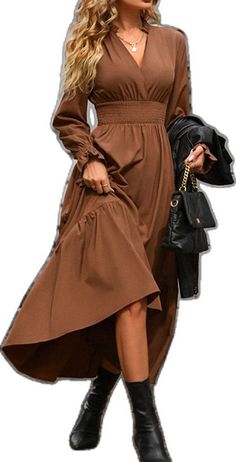 Casual Brown A-line Midi Dress, Brown V-neck Solid Color Dress, Brown V-neck Dress, Brown V-neck Solid Dress, Brown A-line Maxi Dress For Spring, Chic Brown Maxi Dress For Fall, Knee-length Stretch Brown Dress, Brown Stretch Knee-length Dress, Brown V-neck Maxi Dress