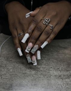 Silver Acrylic Nails, Silver Nail Designs, Acrylic Nails Nude, White And Silver Nails, Graduation Nails, White Acrylic Nails, Long Nail