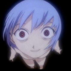 an anime character with blue hair and big eyes looks at the camera while standing in front of a black background