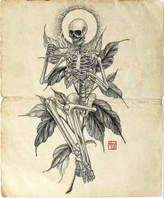 a drawing of a skeleton sitting on top of a leafy plant with leaves around it