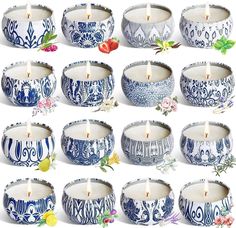 twelve blue and white ceramic tealight candles with floral designs on each candle holder, set of 12