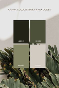 the color palette is green and gray with some plants in front of it, which are also