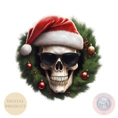 a skull wearing sunglasses and a santa hat with christmas decorations on it's head