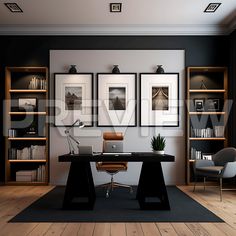 an office with black and white walls, wooden flooring and pictures on the wall