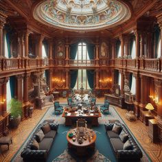 an ornately decorated living room with blue carpet and wooden walls, along with high ceilings