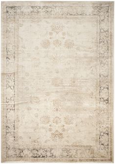 an antique rug with faded edges and border in cream, beige and black colors on a white background