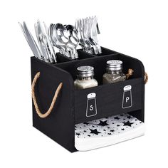 PRICES MAY VARY. SILVERWARE CADDY - Made of light weight,but sturdy wood which is completely non-toxic and safe for everyday use.Portable and easy for carry. WOOD UTENSIL HOLDER NAPKIN CADDY - Total 5 compartments : 3 Deep Slots for Silverware, Front Compartment for Free Salt/Pepper Shaker, and a Convenient Space Underneath for Napkin Holder. SILVERWARE CADDY SILVERWARE ORGANIZER- Napkin compartment with 2"H fits with size 6”x 6” napkins. Features with Rope handle Silverware Holder Size -6.87”W Wood Utensil Holder, Wooden Utensil Holder, Spoon And Fork Holder, Silverware Caddy, Salt And Pepper Holder, Flatware Holder, Silverware Organization, Utensil Caddy, Wood Napkin Holder