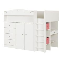 a white bunk bed with drawers and shelves