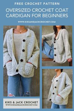 the free crochet pattern for this cardigan is available in sizes ranging from small to large