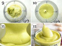 four pictures showing how to make green smoothie in a blender with the instructions