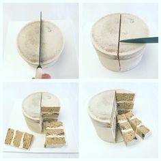 four pictures showing how to cut a cake into slices and place it on a plate