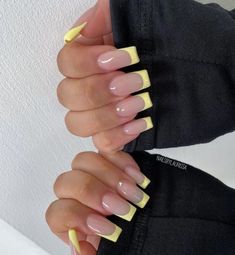 French Nails Colored Coffin, Short Square Aesthetic Nails, Short Square Nail Inspiration, Gel X Nail Simple Designs, Classy Yellow Nails, Nail Inspo Trendy French Tip, Tulum Nail Ideas, Summer French Tip Acrylic Nails, Summer Nails Square Medium