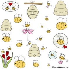 bees and honeycombs clipart set with flowers, tulips, beehive