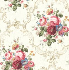 an old fashioned wallpaper with flowers and scrolls on white background, including pink roses