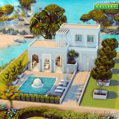 an artist's rendering of a house with a pool and palm trees in the background