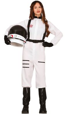 a woman in white space suit holding a helmet