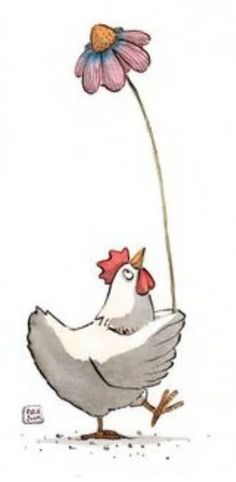 a drawing of a chicken with a flower in it's beak