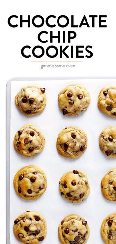 chocolate chip cookies on a baking sheet with the words, my favorite chocolate chip cookies