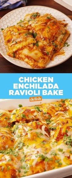 chicken enchilada ravioli bake on a white plate with text overlay