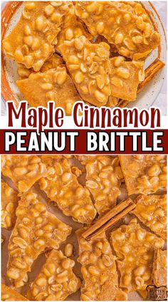 maple cinnamon peanut brittle is cut into pieces and served on a plate with chopsticks