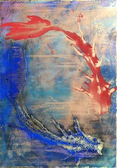 an abstract painting with red and blue colors