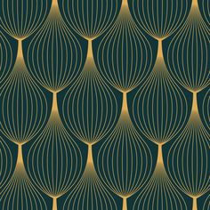 an art deco style wallpaper with gold lines and curves on dark green background stock photo